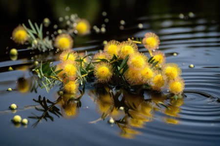 mimosa flowers floating on still lake, created with generative aiの素材