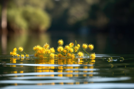 mimosa flowers floating on still lake, created with generative aiの素材