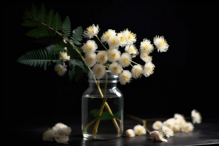 white mimosa blossoms in a jar on black background, created with generative aiの素材