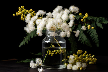 white mimosa blossoms in a jar on black background, created with generative aiの素材