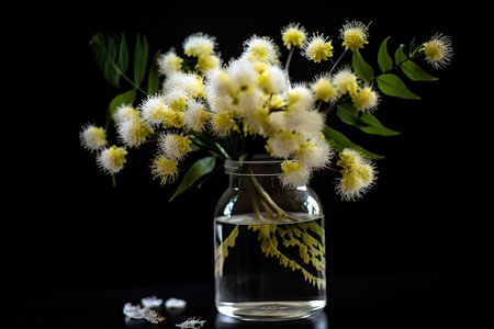 white mimosa blossoms in a jar on black background, created with generative aiの素材