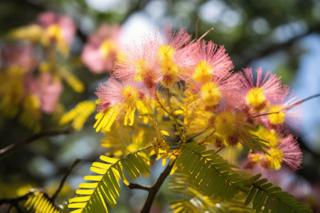 mimosa tree in full bloom, with yellow and pink blossoms, created with generative aiの素材