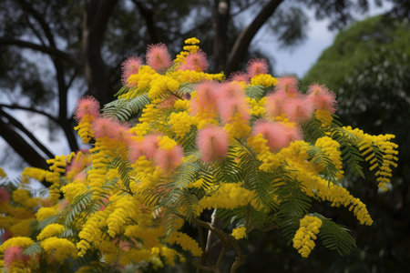 mimosa tree in full bloom, with yellow and pink blossoms, created with generative aiの素材