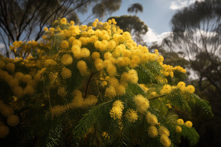 mimosa tree in full bloom, with hundreds of delicate flowers in yellow, created with generative aiの素材