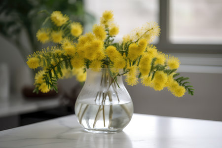 mimosa blooms in delicate glass vase, created with generative aiの素材
