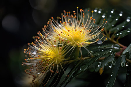 close-up of mimosa flower, with dew drops glistening on petals, created with generative aiの素材