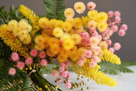a bouquet of mimosa flowers in varying shades of yellow and pink, created with generative aiの素材