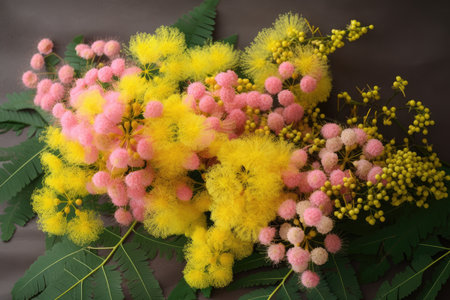 a bouquet of mimosa flowers in varying shades of yellow and pink, created with generative aiの素材