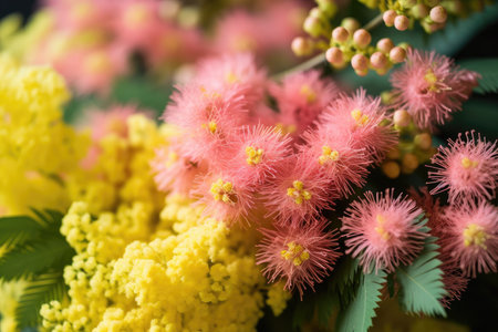 a bouquet of mimosa flowers in varying shades of yellow and pink, created with generative aiの素材