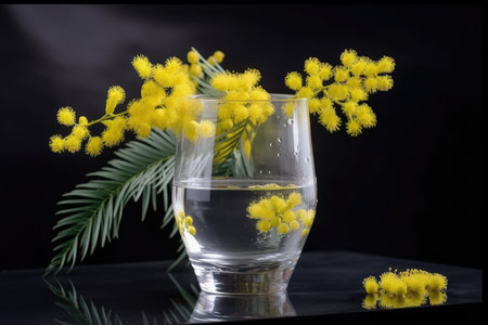 mimosa blossom in a glass vase with water, created with generative aiの素材
