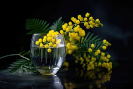 mimosa blossom in a glass vase with water, created with generative aiの素材