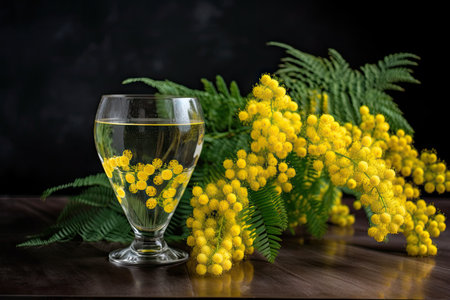 mimosa blossom in a glass vase with water, created with generative aiの素材