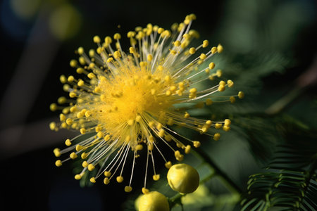 close-up of mimosa flower, with its delicate petals and yellow stamens in full view, created with generative aiの素材