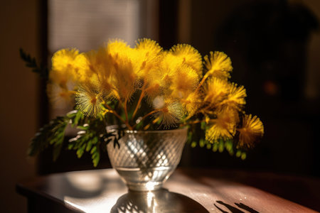 mimosa flower in a vase, with warm sunlight shining through, created with generative aiの素材