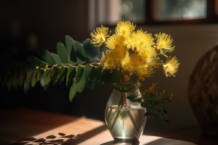 mimosa flower in a vase, with warm sunlight shining through, created with generative aiの素材