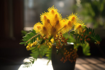 mimosa flower in a vase, with warm sunlight shining through, created with generative aiの素材