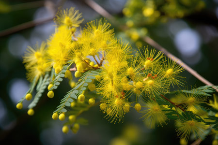 mimosa tree in full bloom, with its delicate blooms and yellow petals visible, created with generative aiの素材