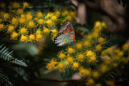 mimosa flower in bloom, surrounded by colorful butterflies, created with generative aiの素材