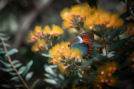 mimosa flower in bloom, surrounded by colorful butterflies, created with generative aiの素材