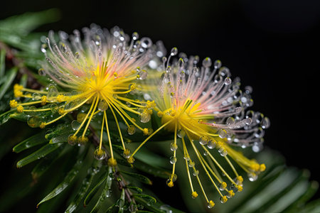 mimosa blossom in full bloom, surrounded by dew, created with generative aiの素材