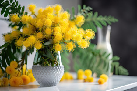 mimosa flower in a vase, surrounded by other fresh flowers, created with generative aiの素材