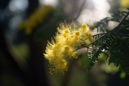 mimosa blossom in the wind, with sun shining through, created with generative aiの素材