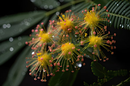 mimosa in full bloom, with dew drops shining on the petals, created with generative aiの素材