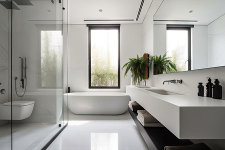minimalist bathroom, with sleek fixtures and natural light, created with generative aiの素材