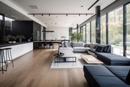 minimalist home with open floor plan, natural lighting, and sleek furnishings, created with generative aiの素材