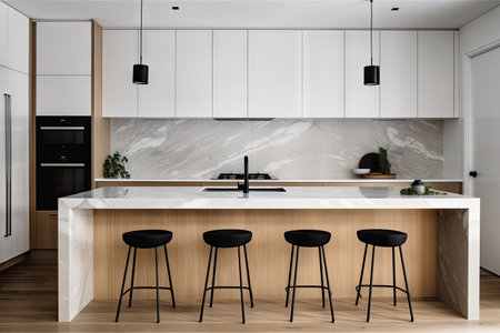 minimalist kitchen, with sleek design and simple details, such as marble countertops, created with generative aiの素材