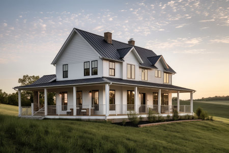 modern farmhouse with wrap-around porch and sweeping views of the countryside, created with generative aiの素材