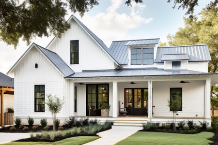 modern farmhouse exterior with fresh paint, sleek metal roof and wrap around porch, created with generative aiの素材