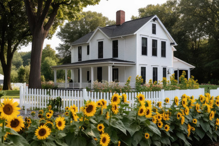 modern farmhouse house exterior with sunflowers and picket fence, created with generative aiの素材