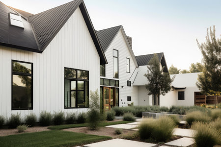 modern farmhouse exterior with angular lines and geometric shapes, created with generative aiの素材