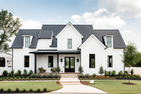modern farmhouse house exterior with metal roof, white siding and black shutters, created with generative aiの素材