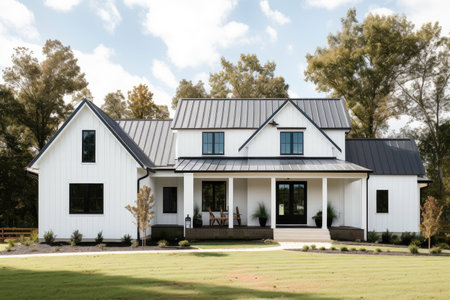 modern farmhouse house exterior with metal roof, white siding and black shutters, created with generative aiの素材