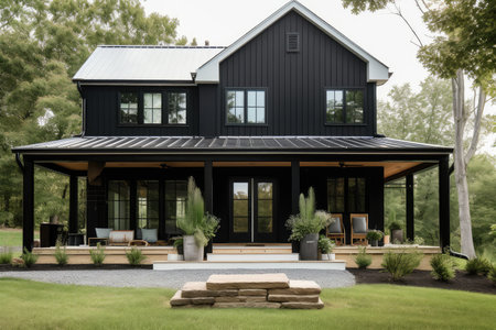 elegant and modern farmhouse exterior with black siding, white trim, and a porch swing, created with generative aiの素材