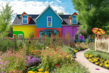 colorful and whimsical garden with a modern farmhouse exterior in the background, created with generative aiの素材