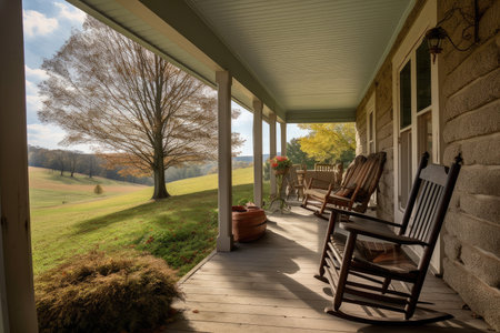plant-filled front porch with plush rocking chairs and serene view of rolling hills, created with generative aiの素材