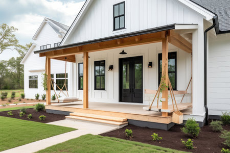 modern farmhouse house exterior with porch swing and garden in the foreground, created with generative aiの素材