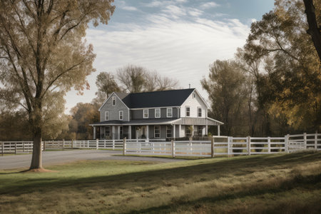 modern farmhouse with barn and grazing horses on sprawling property, created with generative aiの素材