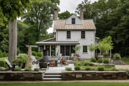farmhouse with outdoor fireplace and lounge area, surrounded by lush greenery, created with generative aiの素材