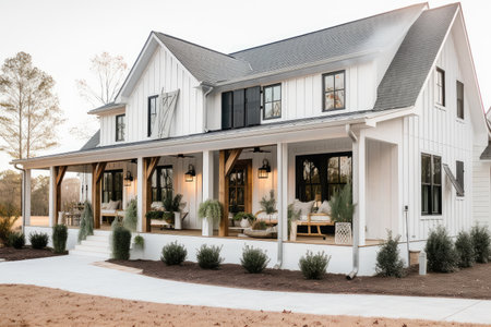modern farmhouse house exterior with a wrap-around porch and rustic lanterns, created with generative aiの素材
