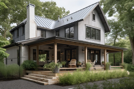 modern farmhouse with wraparound porch, wooden siding and metal accents against a lush green landscape, created with generative aiの素材