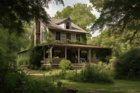 farmhouse with covered porch and rocking chairs, surrounded by lush greenery, created with generative aiの素材