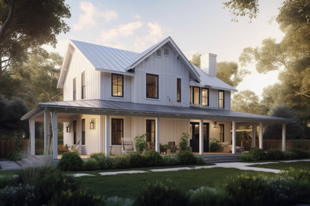 a modern farmhouse with a wrap-around porch, surrounded by lush greenery, created with generative aiの素材