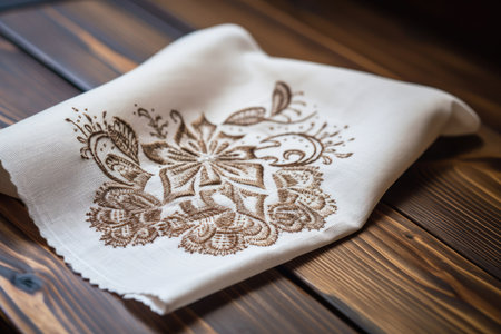 napkin with intricate and beautiful embroidery on a wooden table, created with generative aiの素材