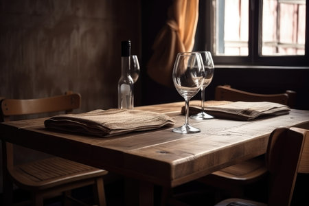 wooden table, with napkin and wine glass on it, in the cafe or bistro, created with generative aiの素材