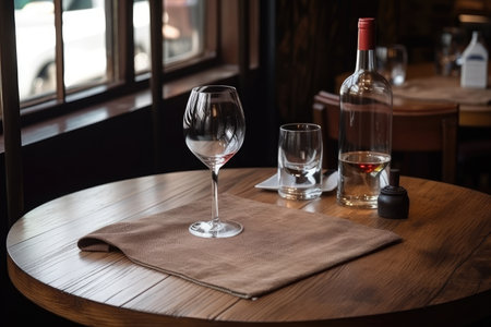 wooden table, with napkin and wine glass on it, in the cafe or bistro, created with generative aiの素材