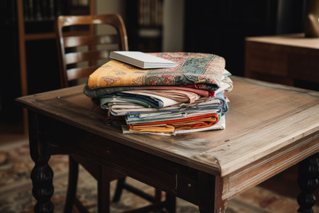 a wooden table with a stack of books and a beautiful napkin in the middle, created with generative aiの素材